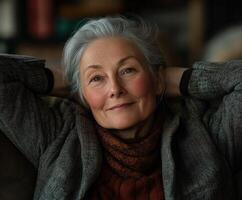 Confident older woman relaxing at home in cozy sweater during evening photo