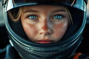 Young female racer preparing for a race at the track in bright sunlight photo