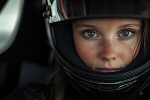Young race car driver in a helmet ready for competition at the track photo