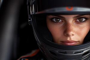 Close-up of a female race car driver in helmet preparing for competition photo