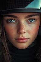A close-up portrait of a young woman showcasing captivating blue eyes photo