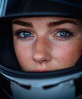 Close-up portrait of a female race car driver wearing a helmet photo