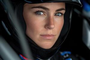 A focused female race car driver preparing for a race day event photo