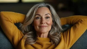 Relaxed woman enjoying her time at home in cozy sweater photo
