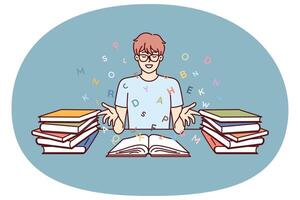 Boy student reads books and gets new knowledge from classical literature or professional textbooks vector