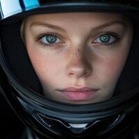 Portrait of a female racer wearing a helmet before the race photo