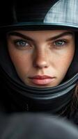 Close-up of a determined female racer preparing for a race photo