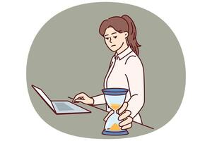 Busy woman with hourglass keeps track of time until deadline so as not to violate terms of contract vector