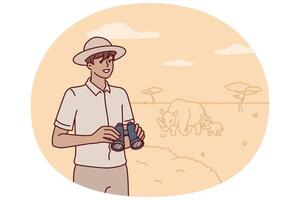 Man ranger with binoculars is watching animals in wild being in national reserve with hippos vector