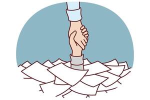 Hand among papers asks for help and salvation from bureaucracy and overabundance paperwork vector