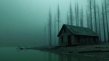 Abandoned wooden cabin by a misty lake surrounded by tall trees photo