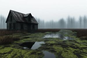 Abandoned house stands in a misty marshland during overcast skies photo