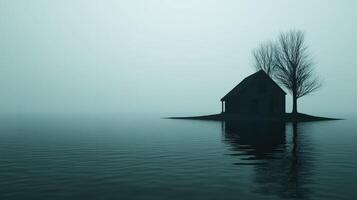 Mysterious house and tree on lonely island surrounded by foggy water photo