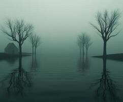 Eerie mist envelops a quiet house surrounded by shadowy trees at dusk photo