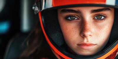 Young female racer wearing a helmet while preparing for a race photo