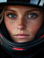 Close-up of a young female racer wearing a helmet at a race track photo