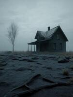 Abandoned house surrounded by barren landscape on a foggy day photo