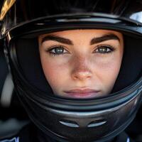 Racing driver in helmet ready for competition before the race photo