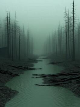 Mysterious foggy forest with a winding creek at dawn photo