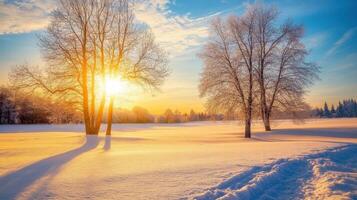 Golden sunrise over a snowy landscape with frosted trees at dawn photo