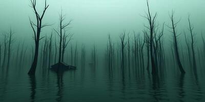 Misty lake landscape with submerged trees and abandoned cabin at dusk photo