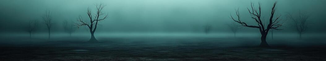 Foggy landscape with barren trees in twilight hours photo