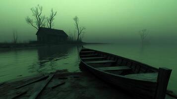 Mysterious fog-covered lake at dawn with an old wooden boat and shack photo