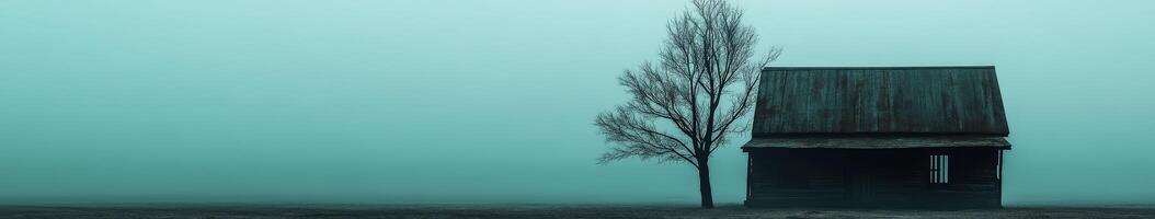 Misty morning with a solitary house and bare tree in a tranquil landscape photo