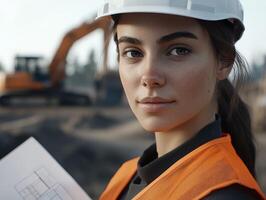 Construction site worker reviewing plans in safety gear during daylight photo