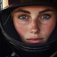 Focused racing driver prepares for competition in a helmet close-up photo