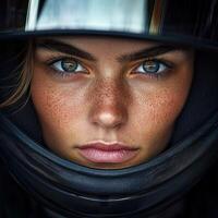 A young woman in a racing helmet staring intensely into the camera photo