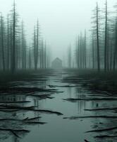 Foggy marsh landscape with a lonely cabin among tall trees at dusk photo