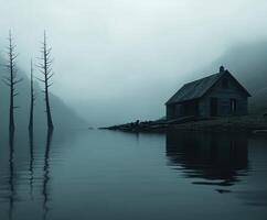 Mysterious fog envelops a quiet lakeside cabin at dawn photo