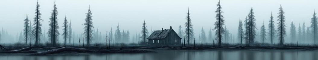 Mysterious cabin surrounded by foggy forest at dusk photo