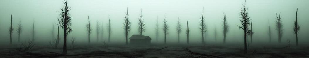 A solitary house amidst fog-covered dead trees in a desolate landscape photo