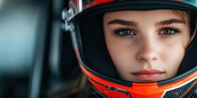 Young female racer in a vibrant helmet before a race day event photo