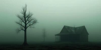 Misty landscape with an abandoned house and leafless trees at dawn photo