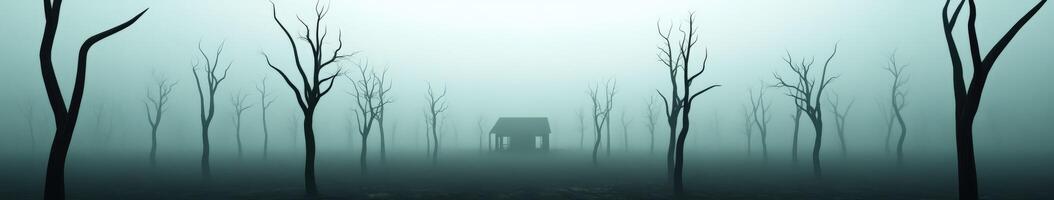 A solitary cabin in a misty forest with bare trees at dusk photo