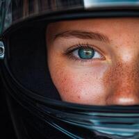 A close-up of a racer eye behind a black helmet during a race photo