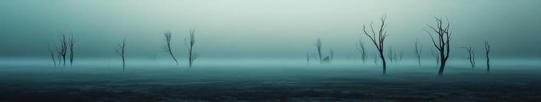 Fog envelops barren trees in a desolate landscape at dawn photo