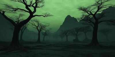 Mysterious forest landscape under an eerie green sky at twilight photo