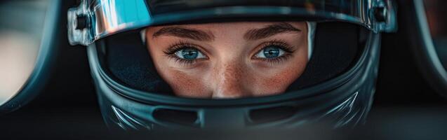 Racing driver focused on the track while wearing a helmet in daylight photo