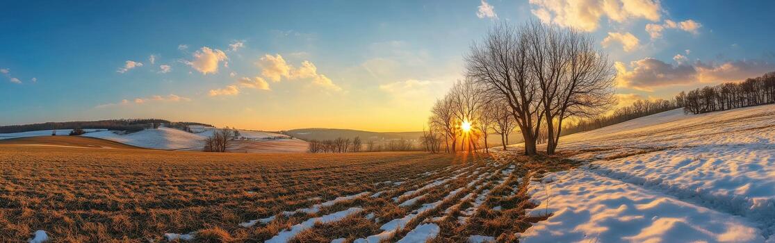 Sunset over a snow-covered field with trees in winter landscape photo