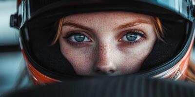 Focused racer in helmet preparing for competition at the racetrack photo