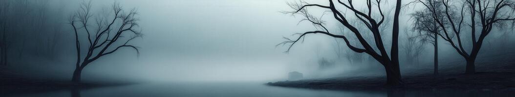 Misty morning over a tranquil lake with bare trees in silhouette photo