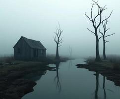 A solitary cabin stands near a still waterway, enveloped in thick fog photo