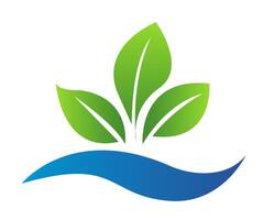 The image features stylized green leaves above a blue wave, representing hydroponic gardening. It presents a modern, clean design on a white background. vector