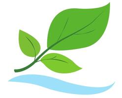 A simple design showing green leaves above a blue water wave on a white background. Clean, minimalist graphic style. Concept of hydroponic gardening, sustainability, and eco-friendly practices vector