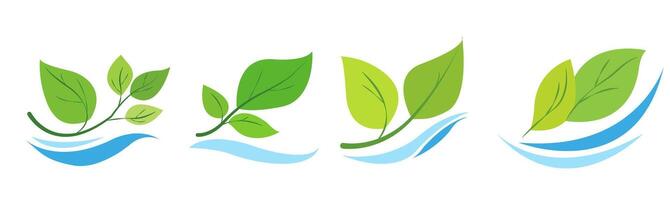 green leaves combined with water wave elements, forming logos or icons. The leaves are vibrant, and the design is simplistic with a white background. Concept of nature, hydroponics, and gardening vector