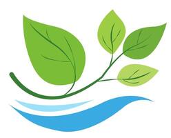 green branch with five leaves above a flowing blue wave. The image is on a white background, representing a concept of nature, hydroponics, and eco-friendly gardening. illustration vector